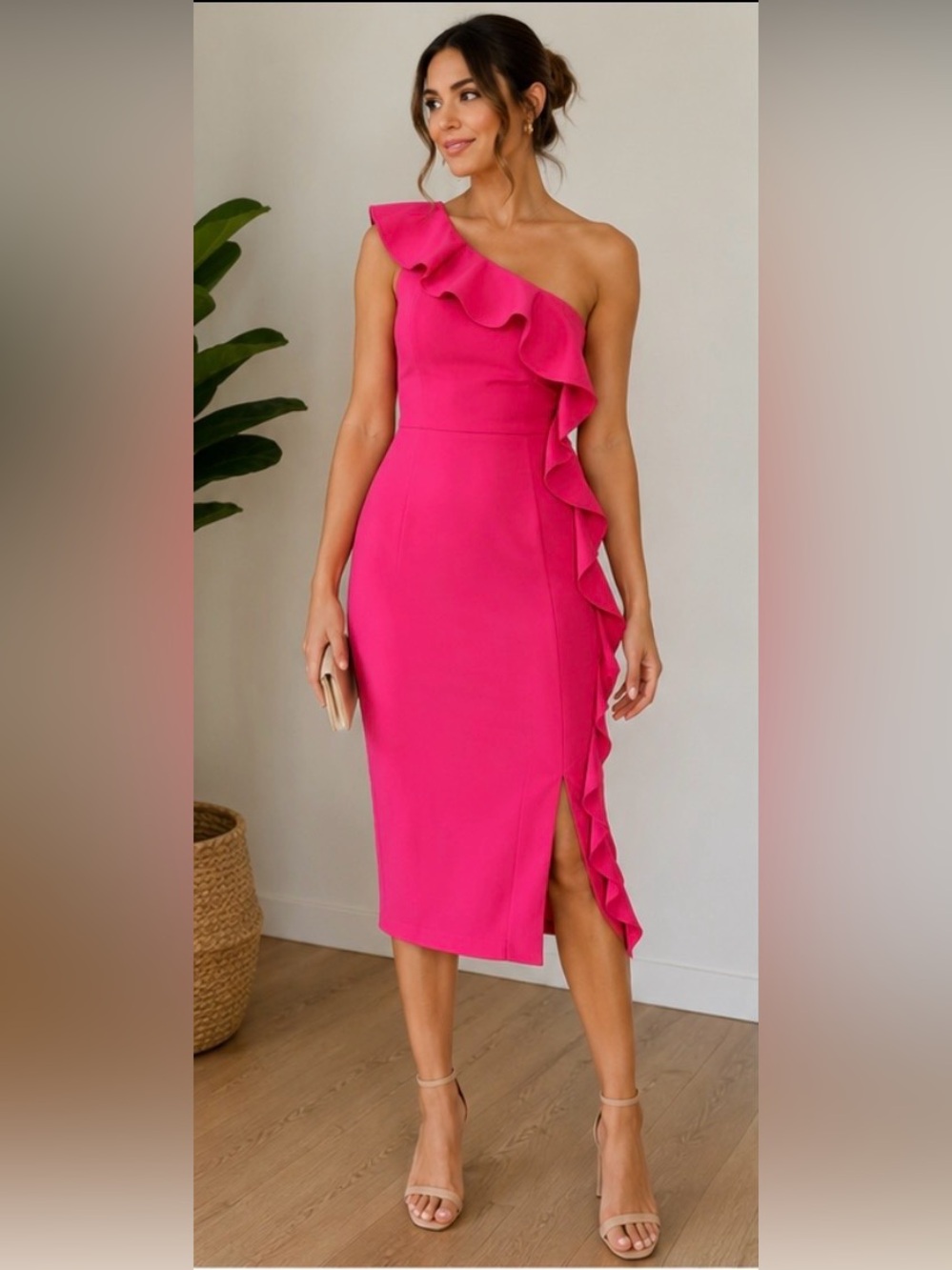Aidan Mattox NWT One-Shoulder Ruffle Cocktail Dress Size 6 Hot Pink Fuchsia